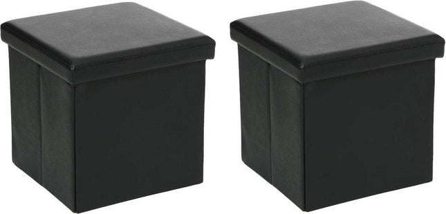 Atmosphera Poef/Hocker/voetenbankje - 2x - opbergbox - zwart - pvc/mdf - 38 x 38 cm - opvouwbaar