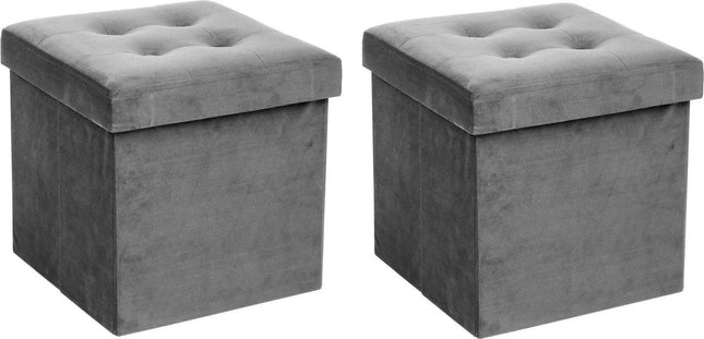 Atmosphera Poef/hocker/voetenbankje - 2x - opbergbox - zilvergrijs - PU/MDF - 38 x 38 cm - opvouwbaar