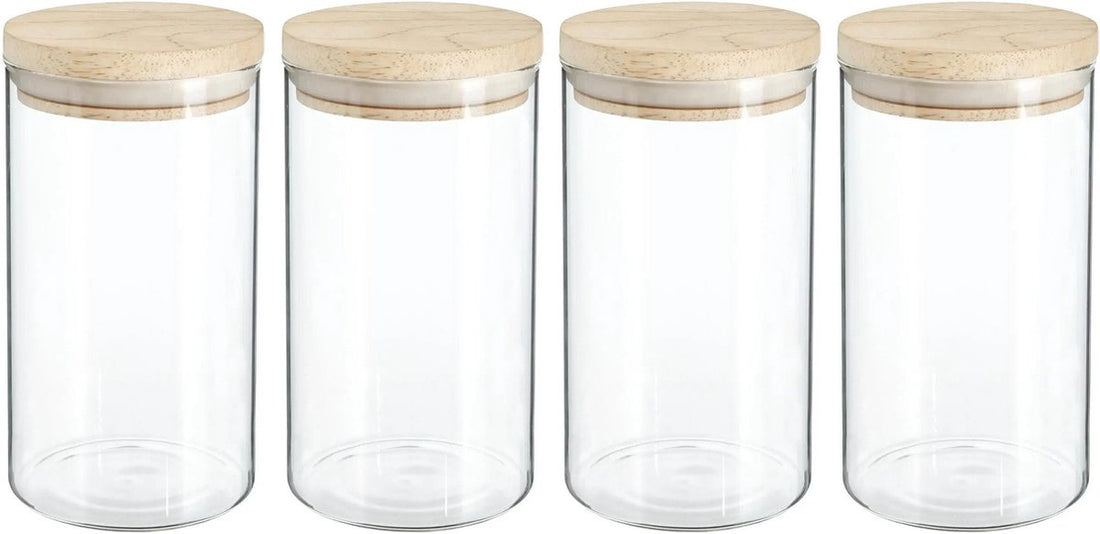 4x storage jars / canisters 1L glass with wooden lid - 1000 ml - Storage jars with airtight lid