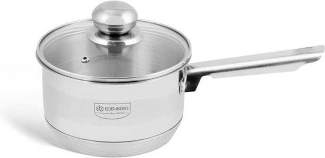 Edënbërg Classic Line - Edelstahl-Stielkasserolle mit Glasdeckel Ø16 cm - 1,5 L - 5-Schicht-Boden!