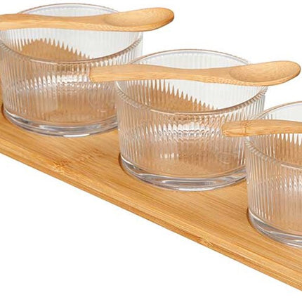 Kinvara Serveer/borrel plank set schaaltjes/kommetjes/lepeltjes - 7 delig - glas/bamboe - borrelen