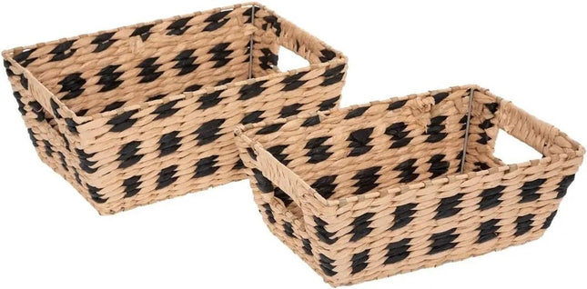 Set van 3x gevlochten rieten opbergmanden rechthoek beige/zwart - Kast-/badkamer mandjes verschillende formaten