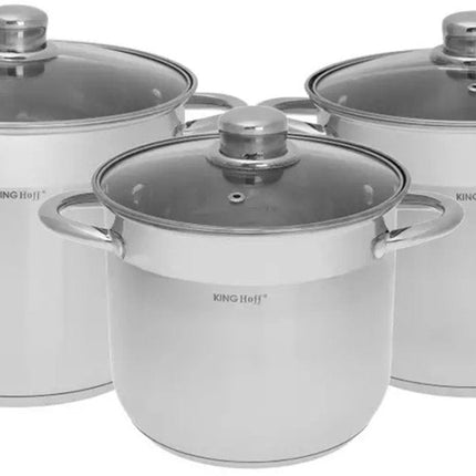 KINGHoff RVS Pannenset 3-delig – 7.2L / 9L / 11.1L – Inductie Geschikt – Roestvrij Staal met Glazen Deksel – Kookpannenset