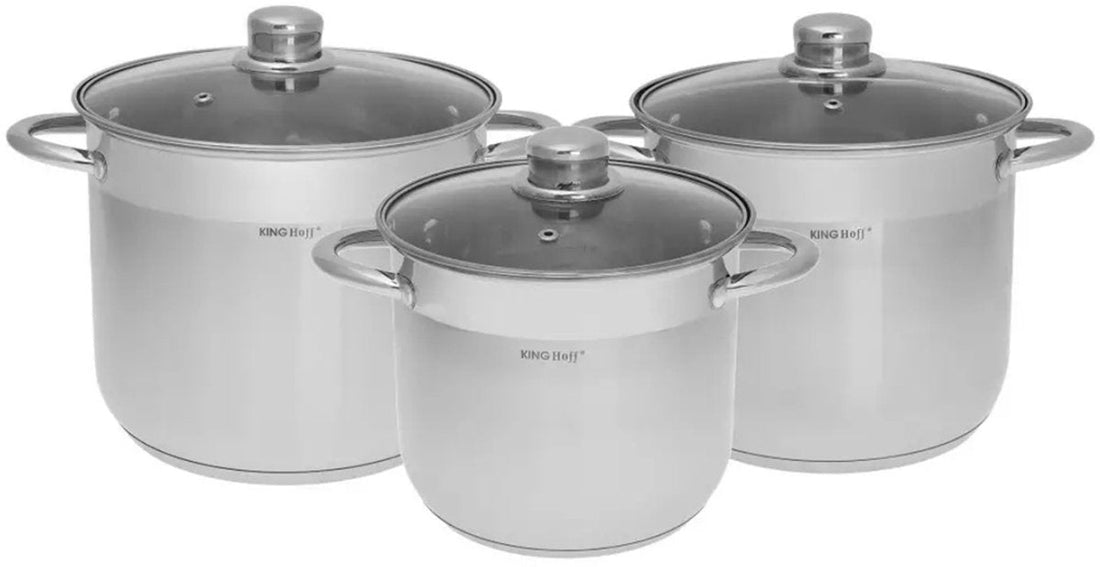 KINGHoff RVS Pannenset 3-delig – 7,2 L / 9L / 11,1 L – Inductie Geschikt – Roestvrij Staal met Glazen Deksel – Kookpannenset