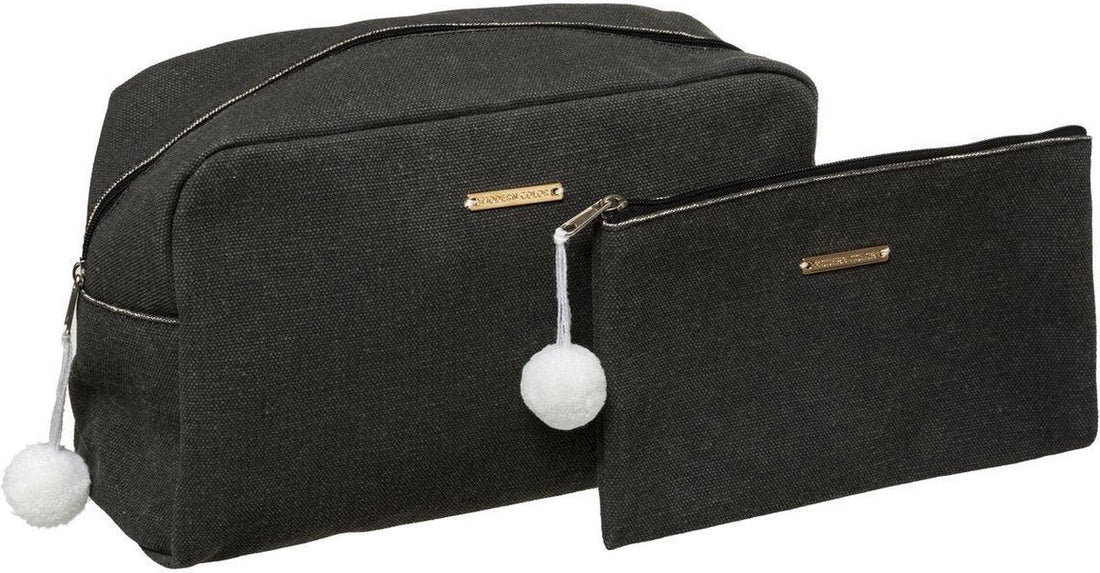 5Five toilettassen zwart, set van 2 – make-up tasjes met pompom voor op reis