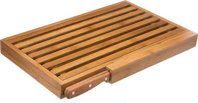 Brood snijplank met kruimel opvangbak 44 x 27 cm van bamboe hout inclusief broodmes - Serveerplank - Broodplank