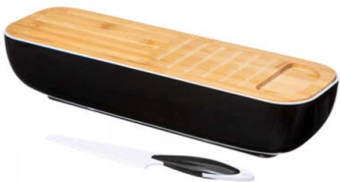 5Five Bamboo Bread Bin with Cutting Board and Knife - Black - With Lid