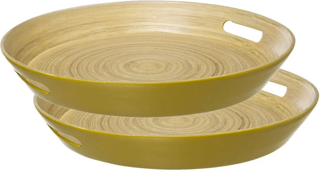 5Five Dienblad/serveerblad rond - 2x stuks - D42 cm - bamboe hout - okergeel - met handvaten - Dienbladen