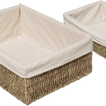 Set van 2x gevlochten opbergmanden zeegras met katoenen hoes - Kast-/badkamer mandjes verschillende formaten