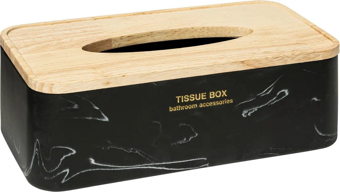 5Five tissuedoos Alexa – zwart polyresin met houten deksel, 25 x 13 x 9 cm