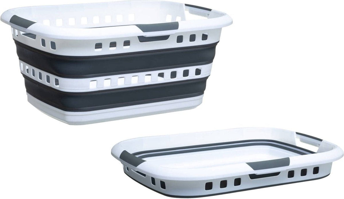 5Five foldable laundry basket with handles - 2x - plastic - 45L - grey/white - 62 x 45 x 27 cm
