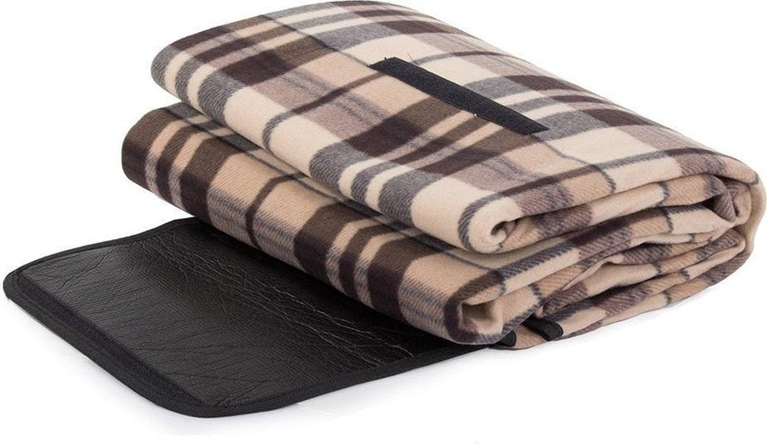 Picknickdecke - 200 x 150 cm - Braun / beige kariert - mit Tragegriff - wasserabweisende Unterseite