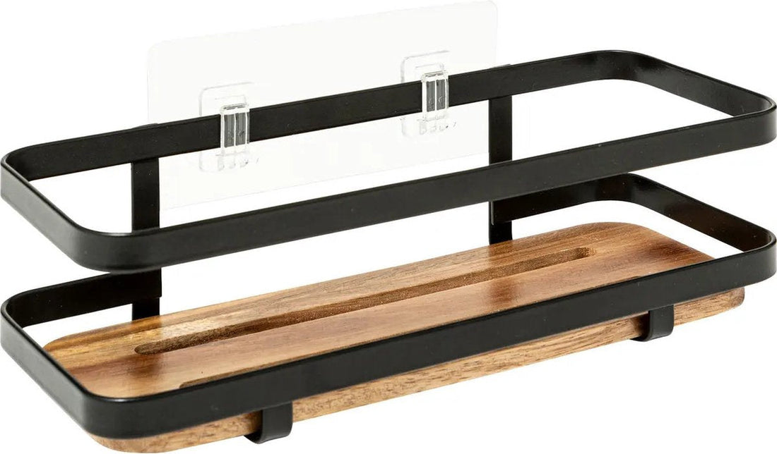 5Five Badezimmer Duschablage Organizer – schwarzes Metall/Akazienholz – Saugnäpfe – 25 x 10 x 8 cm