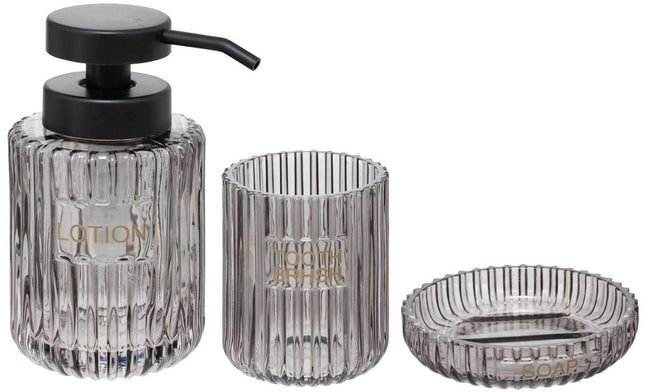 Badkameraccessoires Set van 3 – Grijs Glas – Zeepbakje, Tandenborstelhouder & Zeepdispenser – Modern Design