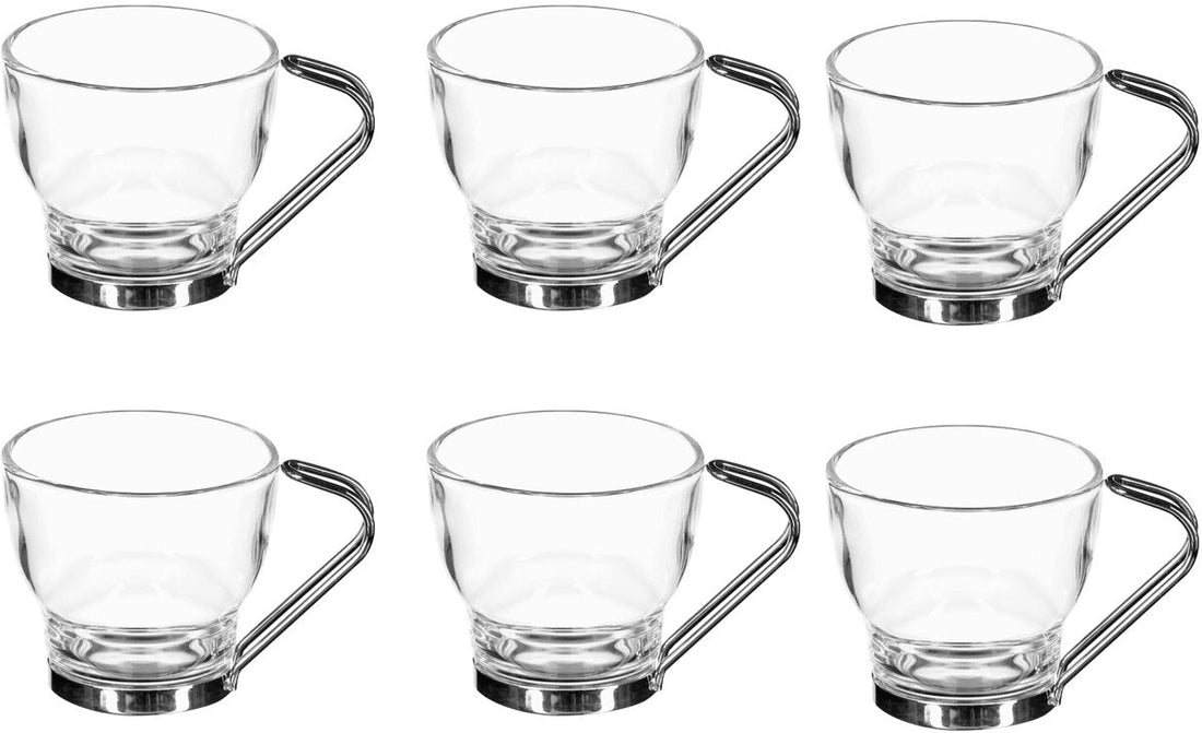 Set mit 6 Bechern – 11 cl Glas und Metall – Langlebig und stilvoll – Ideales Geschenk für Kaffee- und Teeliebhaber