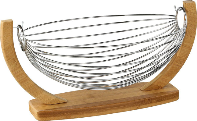 Fruitschaal/fruitmand hangend in voet hout/metaal 36 x 21 x 18 cm - Fruitschalen/fruitmanden - Draadmand van metaal
