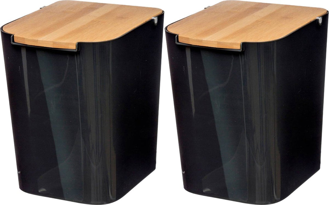 5Five Abfalleimer / Mülleimer - 2er-Set - 5 Liter - Bambus - schwarz / hellbraun - 24 x 19 cm - Badezimmer