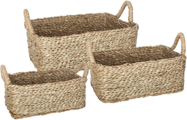 Set van drie rechthoekige decoratieve manden met handvatten, 3 maten