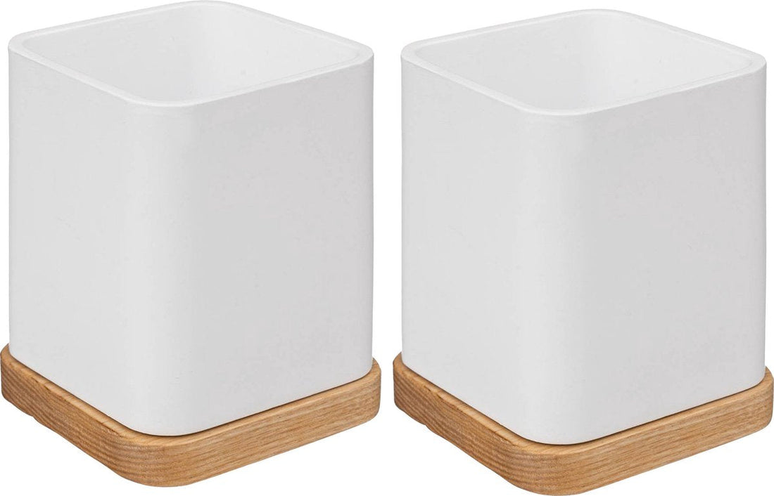 5Five Zahnbürstenhalter / Organizer - 2er-Set - weiß - 10 x 8 cm - Bambus - Zahnputzbecher