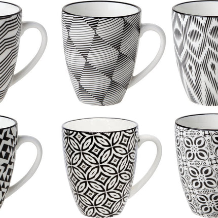 Cosy & Trendy Kopjes/bekers Nikko - set van 12x stuks - zwart/wit - 19 cl - koffiekopjes - theekopjes - koffie/thee bekers