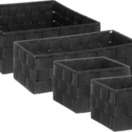 Set van 4x gevlochten opbergmanden - zwart - Kast/badkamer mandjes verschillende formaten