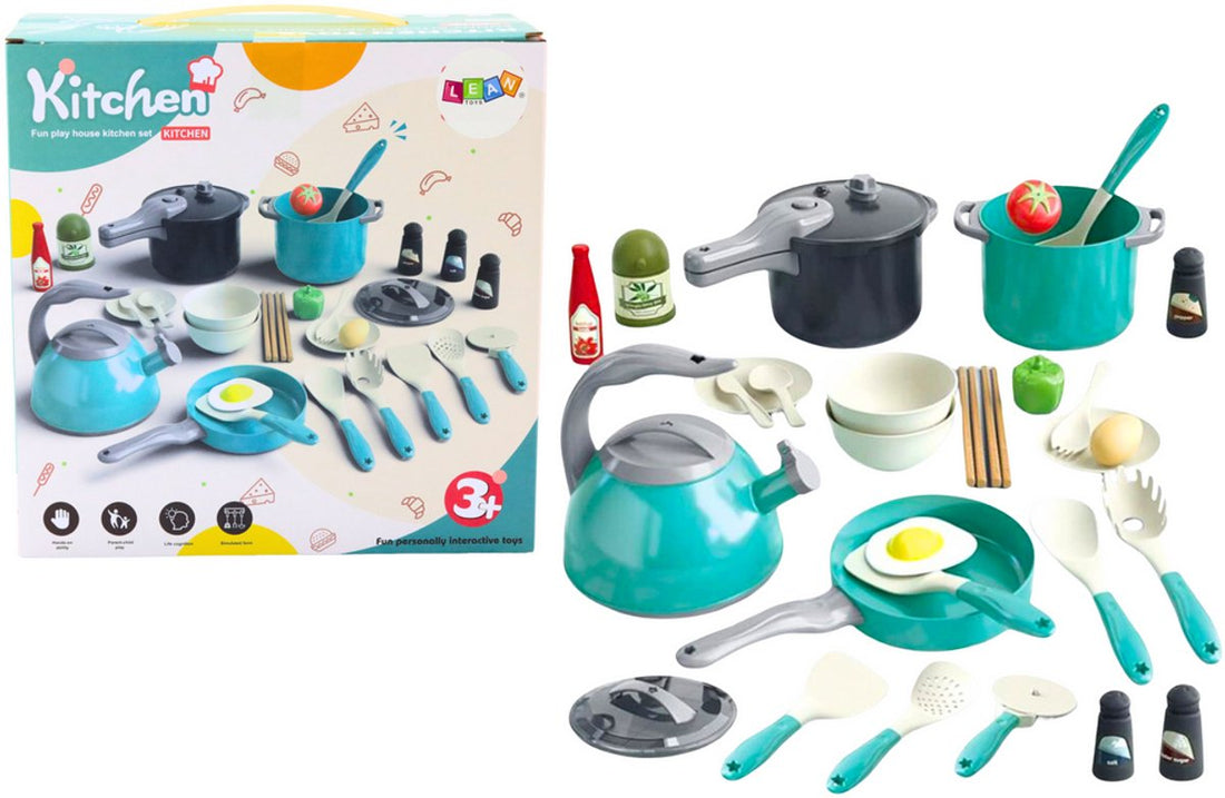 Kinderküchenset 33-teilig - Spielzeugtöpfe und -pfannen mit Wasserkessel - Küchenutensilien für Rollenspiele - Komplettes Kochset für Kinder ab 3 Jahren - Kochset - Essen - Teekanne - Set Küchenzubehör