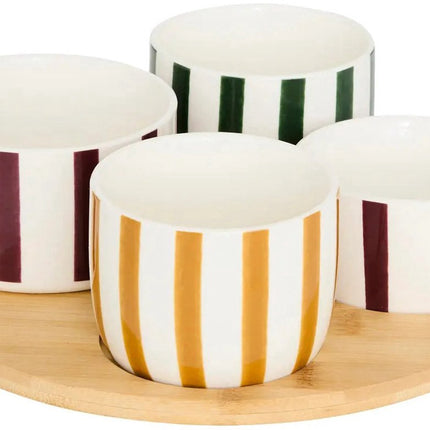 Serveerplank Rond van Acaciahout met 4 Aardewerk Schaaltjes - Ø25 cm - Hapjesplateau voor Tapas, Sausjes en Borrelhapjes - Kleurenmix - Vaatwasserbestendig