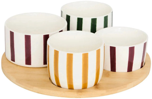 Serveerplank Rond van Acaciahout met 4 Aardewerk Schaaltjes - Ø25 cm - Hapjesplateau voor Tapas, Sausjes en Borrelhapjes - Kleurenmix - Vaatwasserbestendig