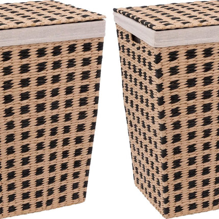5Five Wasmand gevlochten Riet - 2x - beige/zwart - 40 liter - 33 x 33 x 53 cm - met deksel