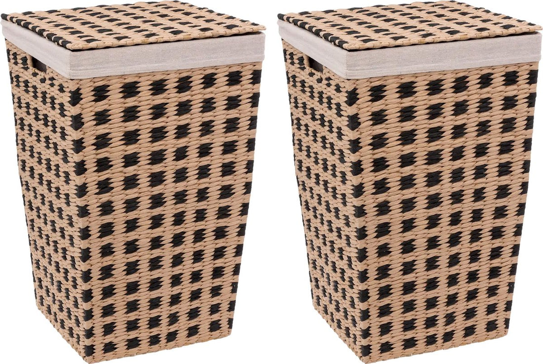 5Five Wicker Laundry Basket - 2x - beige/black - 40 liters - 33 x 33 x 53 cm - with lid