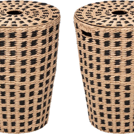 5Five Wasmanden gevlochten Riet - 2x - beige/zwart - 64 liter - 33 x 33 x 53 cm - met deksel