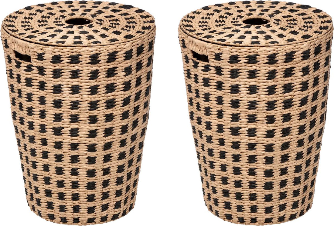 5Five Woven Wicker Laundry Baskets - 2x - beige/black - 64 liters - 33 x 33 x 53 cm - with lid