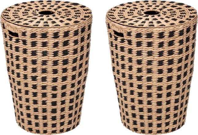 5Five Wasmanden gevlochten Riet - 2x - beige/zwart - 64 liter - 33 x 33 x 53 cm - met deksel