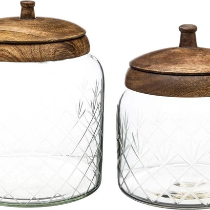 Set van 2x snoeppotten/voorraadpotten glas met mangohouten deksel - 1200 ml - 2700 ml - Bonbonnieres