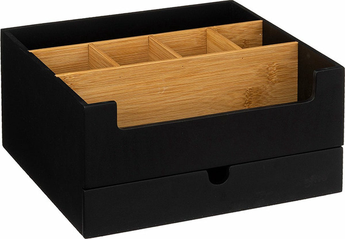 Fünf Make-up-Organizer – Schwarz – 26 x 24 x 13 cm – Bambusholz – Stiftehalter / Schreibtisch