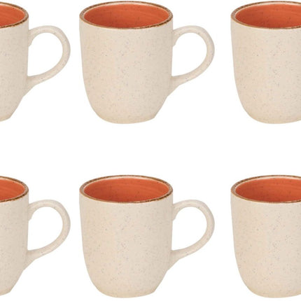 Set van 6 Granite Oranje Bekers – 36 cl Aardewerk Mokken voor Warme & Koude Dranken – Oven-, Magnetron- en Vaatwasserbestendig – Stijlvol Design met Oranje Binnenkant