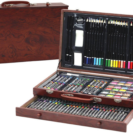 Houten Kunstschilders Koffer Tekenset - 60 Pastelkrijtjes, 24 Verven, 24 Kleurpotloden - Compleet Creatie Set voor Kinderen - Schildersset - Koffer - Tekenkoffer - Schilderskoffer