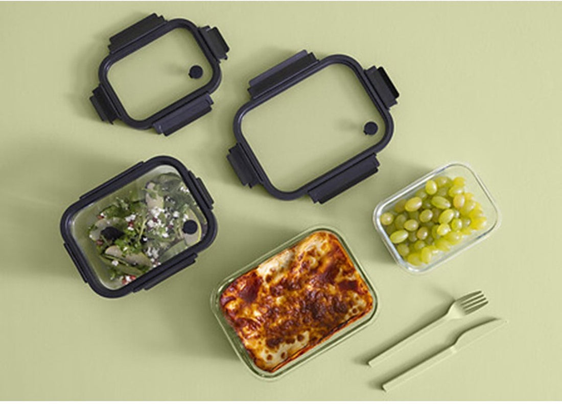 5Five Frischhaltedose mit Deckel - 2er-Set - Glas - luftdicht - mit Clips - 21 x 17 x 7 cm - 900 ml - schwarz / transparent