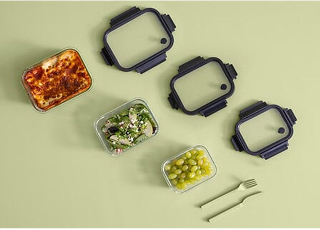 5Five Frischhaltedose mit Deckel - 2er-Set - Glas - luftdicht - mit Clips - 21 x 17 x 7 cm - 900 ml - schwarz / transparent