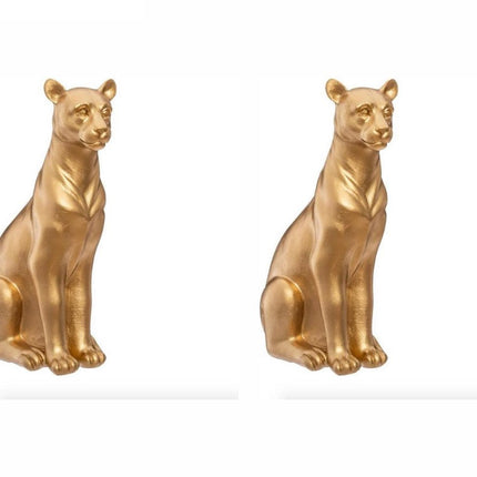 Decoratief Beeld Panter - Set van 2 - Polyresin - Goudkleurig - 23 cm Hoog - Dierenbeeldjes - Decoratie Beeld - Panter Beeld