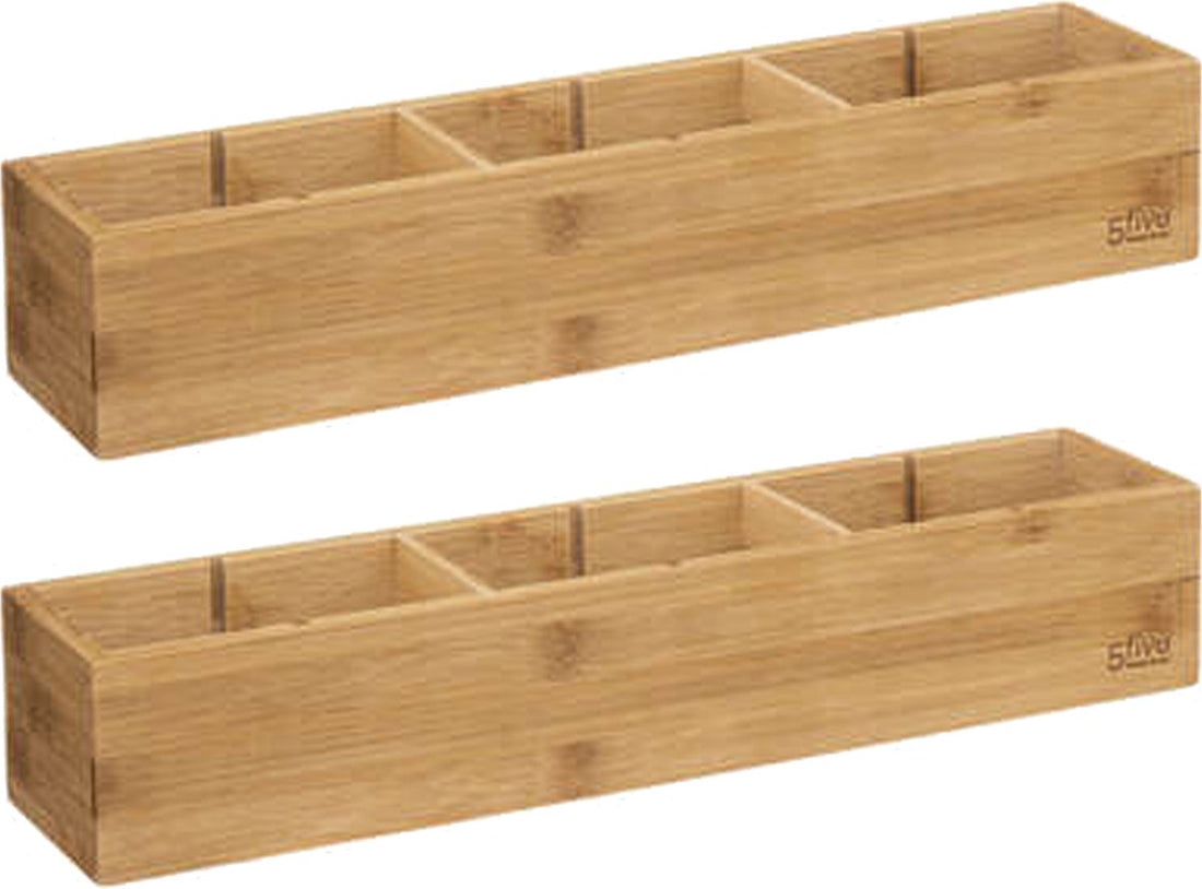 5Five Schubladen-/Schrank-/Badezimmer-Organizer – 2x – 3 Fächer – L38 x B8 x H7 cm – Bambusholz – hellbraun – herausnehmbare Trennwände