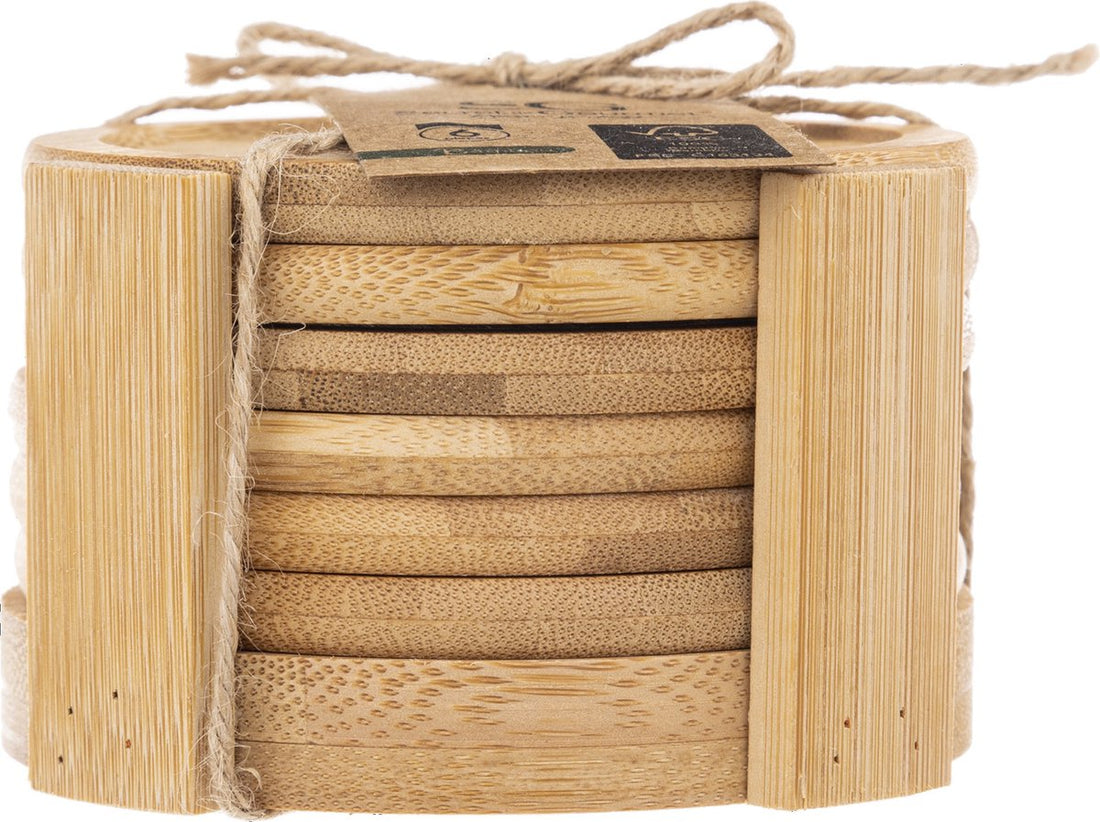 Secret de Gourmet Glass Coasters - 6 pieces - bamboo wood - round - D10 cm - glass coaster - in holder