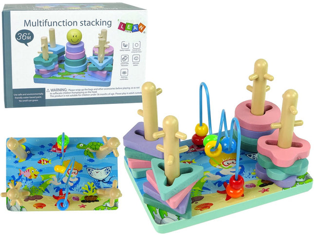 Leantoys Houten Blokken Sorteerbord Zeewereld - Educatief Speelgoed met Kralenlabyrint - Vormen en Kleuren Sorteren 3+- Stapelspel met Blokken - Houten Blokken -