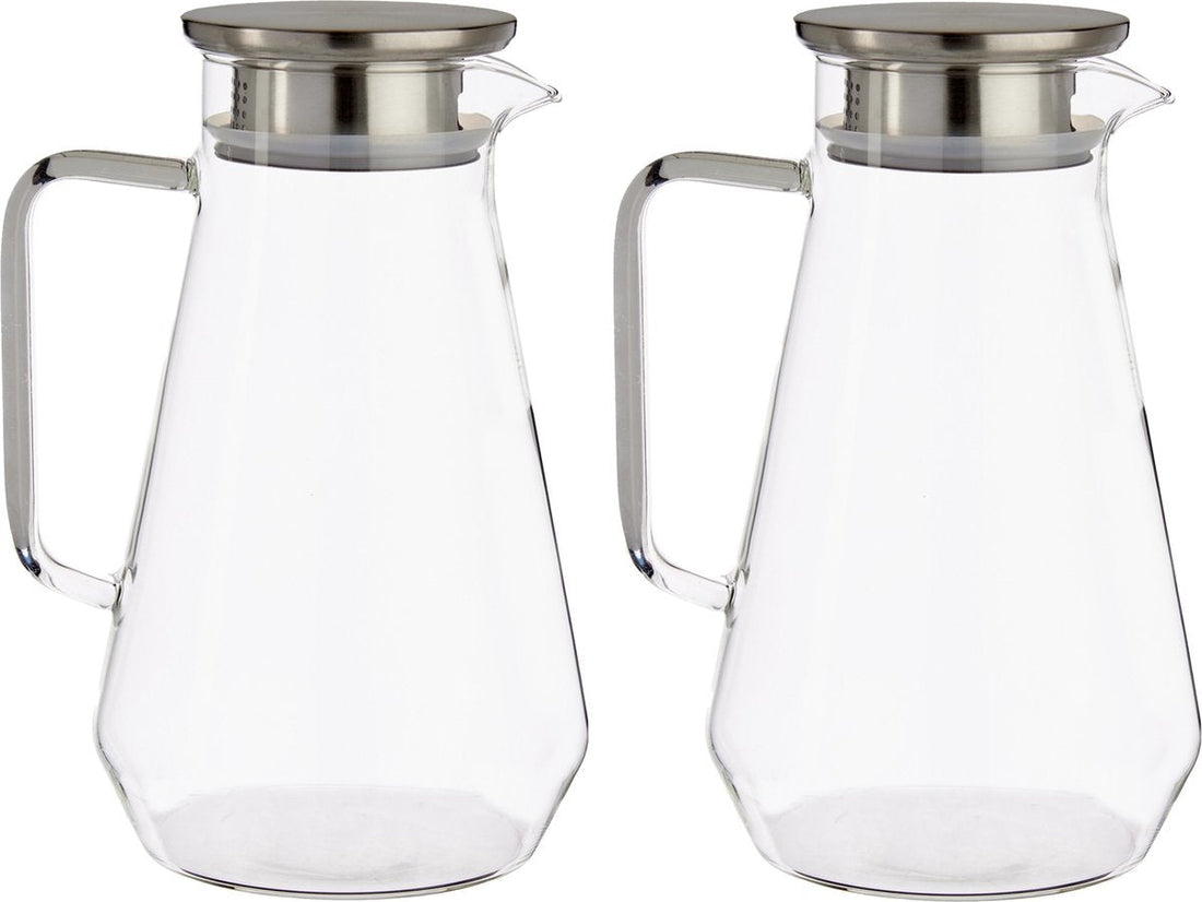 2x Stück Saftkrug/Karaffe aus Glas mit Luxusdeckel von 1,5 Liter - Größe: 16,3 x 13 x 22 cm - Material Borosilikatglas