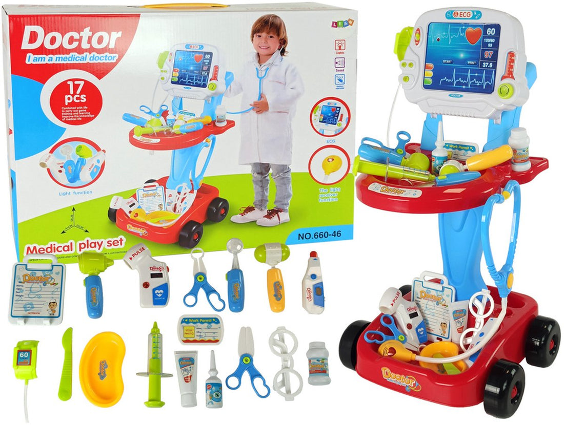 Leantoys Arztspielset 17-teilig - Fahrbares Arztset mit EKG sowie Licht und Sound - Spielzeugarzt 3+ - Arztset Kind - Arzto Spielzeug -