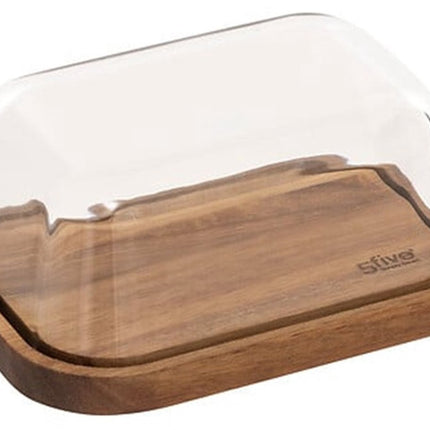 5Five botervloot - acacia hout - glas - 18 x 13 cm - bruin/transparant