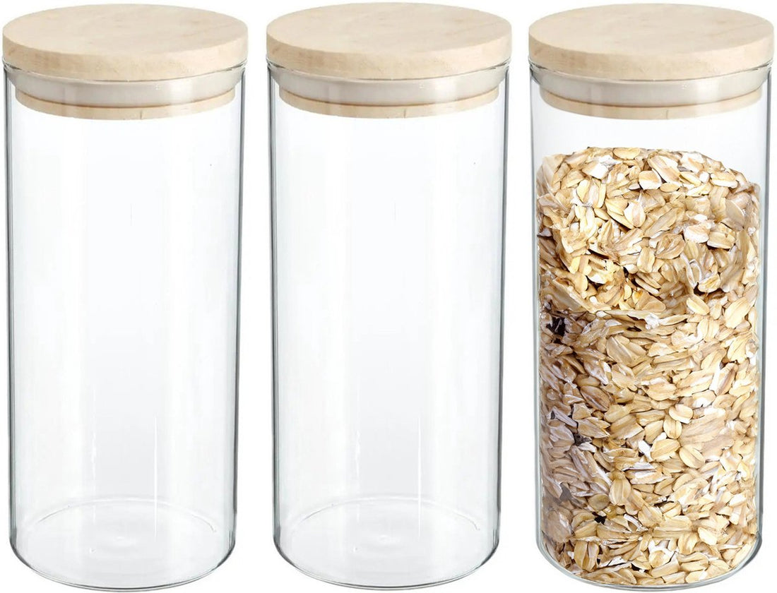 4x Vorratsdosen/Vorratsgläser 1,3L Glas mit Holzdeckel - 1300 ml - Vorratsgläser mit luftdichtem Deckel