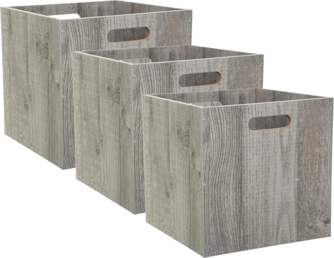 5Five Opbergmand/kastmandje - Set van 3x stuks - Grijs wash - 31 x 31 x 31 cm - 29 liter - Vakkenkast manden - Hout - Opvouwbaar - Kisten