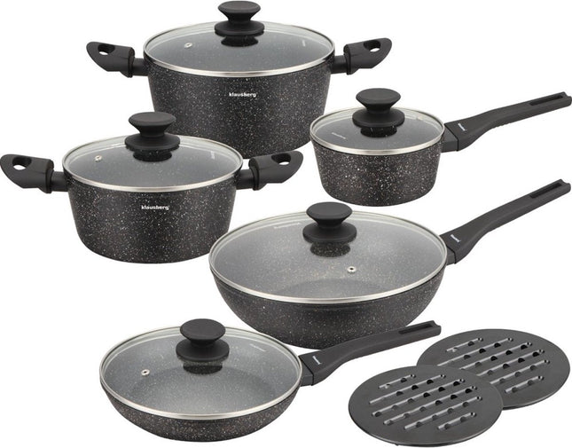Klausberg 7657 - 12-teiliges Topfset - Kochtöpfe - 16-20-24-24-28 cm - schwarz - mit Deckel