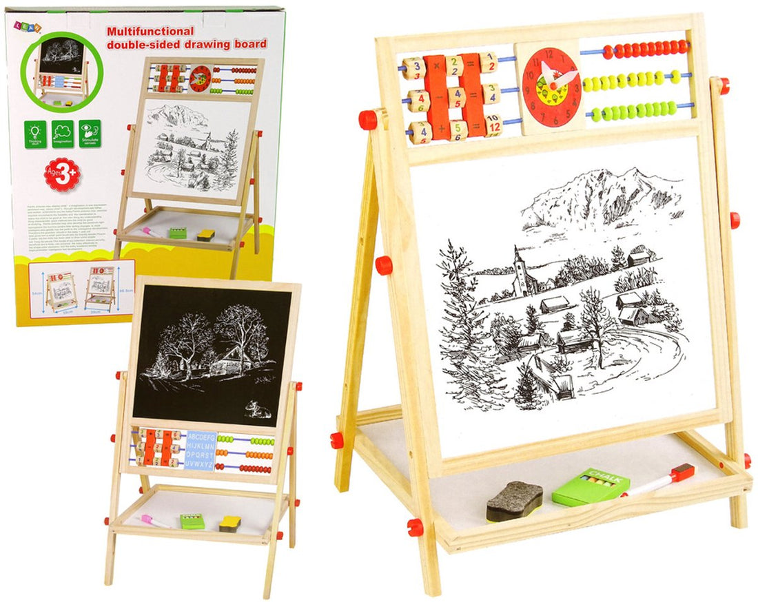 Doppelseitiges pädagogisches Zeichenbrett 2-in-1 - Holztafel mit Abakus, Uhr und Alphabet - Weißes Whiteboard und schwarze Kreidetafel - Mit Ablagefach